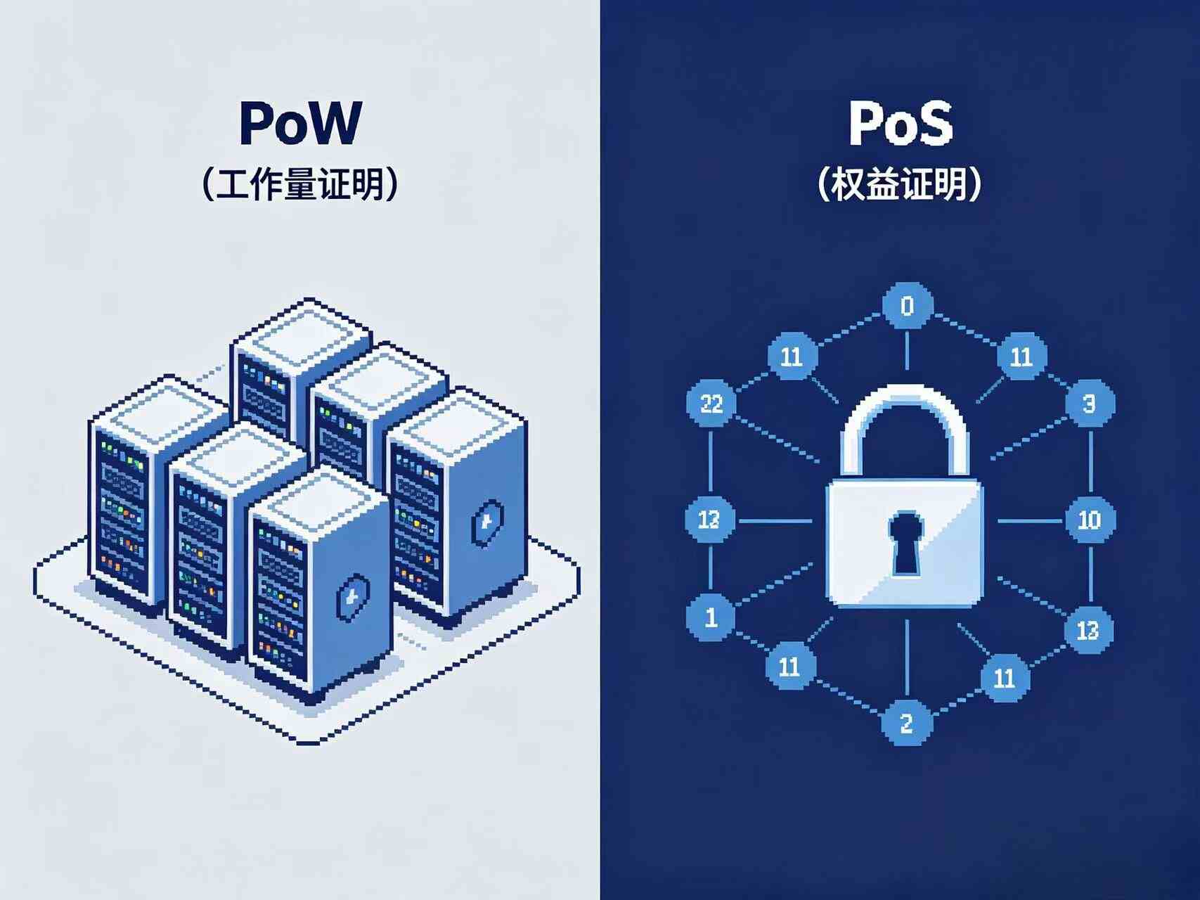 PoW 与 PoS 共识对比插画