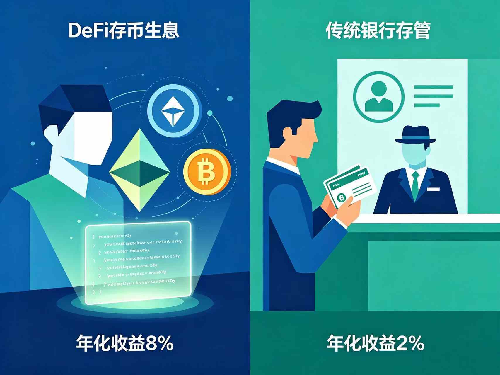 展示 DeFi 存币生息和传统银行存管的场景对比
